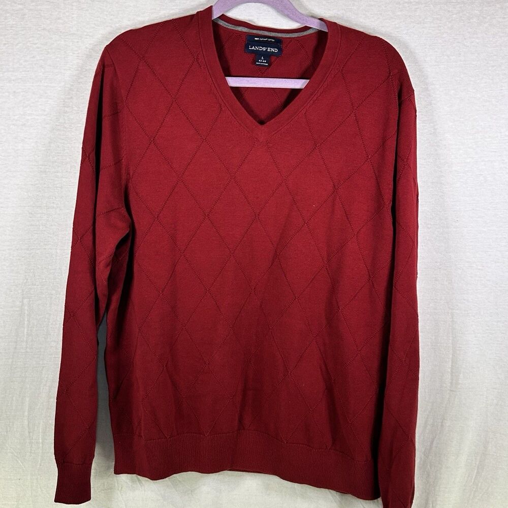 Lands End Sweater Mens V-Neck 100% Supima Cotton Long Sleeve Red Argyle Large